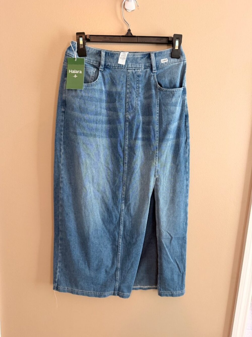 Halara Small Womens Denim Midi Skirt With Front Slit Size S Light Blue Cotton Bl